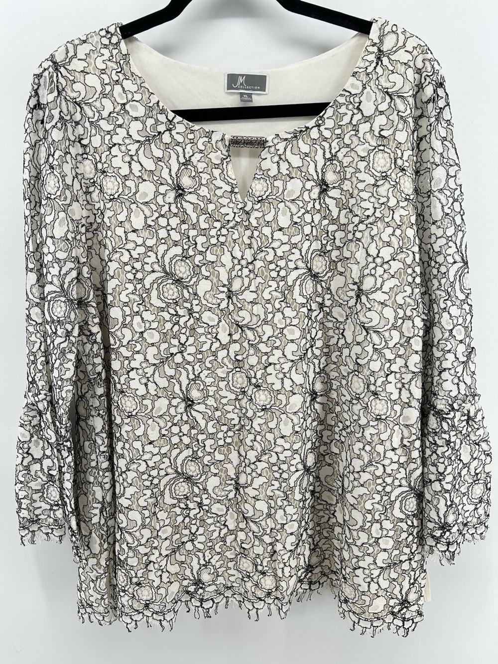 JM Collection Elegant Cream Top with Black Floral Lace Overlay Women's Sz XL